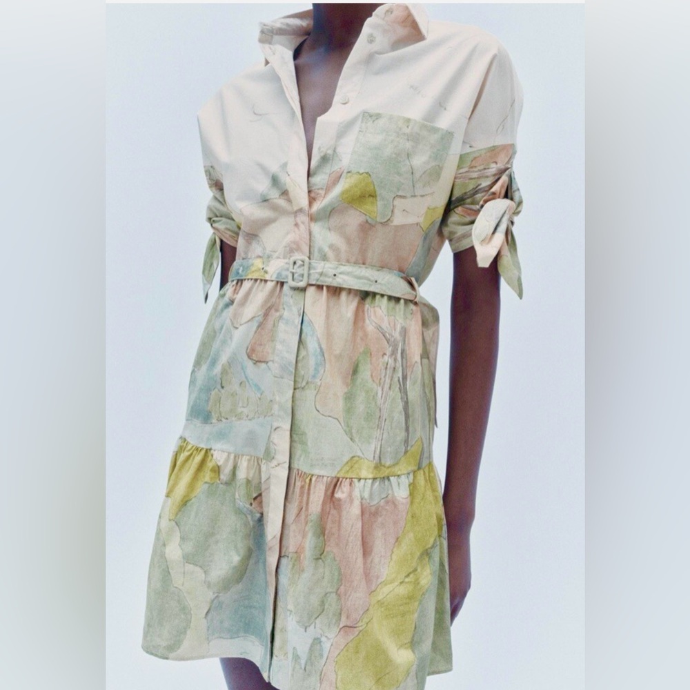 Zara Artistic Midi Dress in Cream and Green - Picture 2 of 4